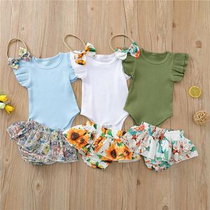 Giyim Setleri 3 Adet Bebek Kız Giysileri Set Borns Yaz Kıyafetler Kafa Mavi / Beyaz / Ordu Yeşil Kollu Romper Çiçek Şort Ropa