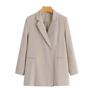 여성 패션 오피스 착용 더블 브레스트 블레이저 코트 빈티지 긴 소매 포켓 여성 겉옷 세련된 탑 210521