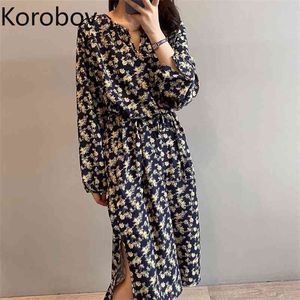 Korobov kvinnor klänning ny ankomst blomma print chiffong klänningar kvinnlig o neck långärmad elegant sötrock femme 210430