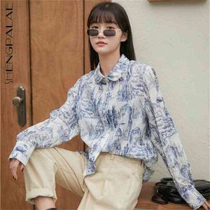 Blusa impresso mulheres lapela de mola retro tamanho grande manga longa Única camisa feminina trendy 5A1118 210427