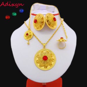 Adixyn Эфиопские ювелирные изделия набор круглосуточного золота Crystal Crystal / подвеска / цепь волос / серьга / кольцо Среднее пасхальная HABESHA Wedding Set H1022
