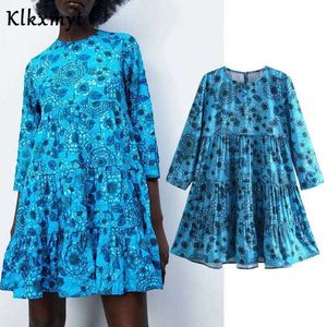 Klkxmyt za kvinnor vintage blomma tryckt rak mini klänning kvinnlig chic långärmad avslappnad lös ruffles kimono vestido 210527