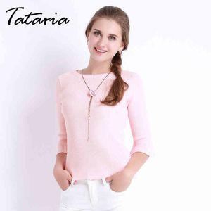 Blouses Summer Pink Top Slim Knitted Butterfly Sleeve Blusas Mujer O Neck Clothing For Women Half Moda Feminina Tataria 210514