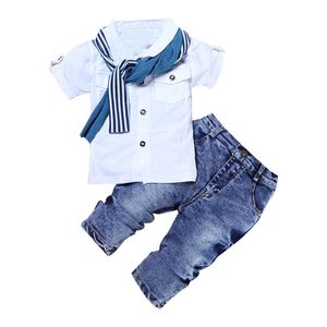 3 pz/set bambini Vestiti Del Neonato Casual T Shirt bianca Sciarpa Jeans Estate Bambino Bambini Per I Ragazzi Del Bambino Vestiti 2 3 4 5 6 anni