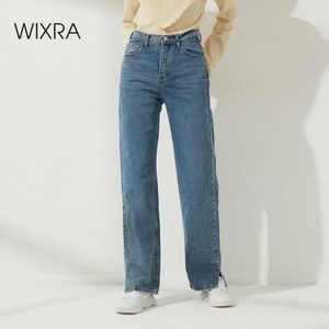 Wixra Side Opening High Waist Jeans Women Streetwear Straight Jean Femme Blue Black 100% Cotton Cargo Denim Pants 210616