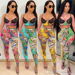 Women Designer Two Piece Pants Set Tracksuits Fashion Sexy Tight Sling Milk Silk Digital Printing Outfits