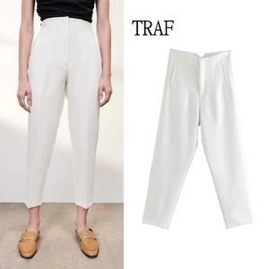 Traf Pants Zaの女性2021ファッションハイウエストオフィスの女性Y2Kジッパーシックなポケットストレートスーツパンツ韓国のファッションズボンMujer Q0801