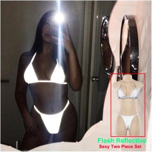 Silver Reflective Set Sexy Two Piece Halter Crop Top And Thong Shorts Beach Night Club Outfits 2pc Matching Sets Women's Pants