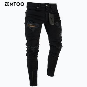 Men's Black Ripped Jeans Washed Frayed Trousers Zipper Decoration street elastic Pants