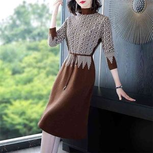 Sonbahar ve Kış Örme Elbise Fransız Retro Bel Mizaç İç Taban Ofis Lady Diz Boyu 210416