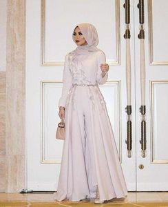 2022 Elegant Muslim Jumpsuit Evening Dresses With Detachable Skirt Beaded Long Sleeve Formal Party Gowns For Weddings Arabic Dubai Prom Pants suit Dress Crew Neck