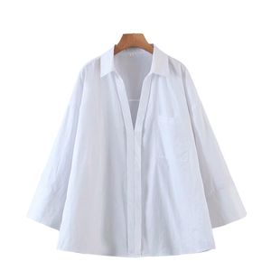 Eleganta kvinnor Solid White Shirts Fashion Ladies Slå ner Krage Toppar Streetwear Kvinna Chic Bomull Lösa Blusar 210430