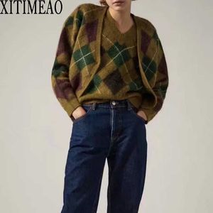 ZA Donne autunno autunno retrò stile universitario sciolto diamante plaid lavorato a V scollo a V maglione cardigan studenti ragazze maglia gilet 210602