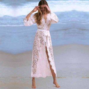 Túnicas para praia Long Lace Beach Dress Mulheres Swim Cobertura Plus Size de Praia Robe Plage Kaftan # Q622 210420