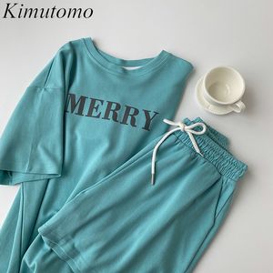 Kimutomo Summer Casual Women Two Piece Suit Korean Letter Print T-shirt + High Waist Lace Up Shorts Fashion Matching Set Femme 210521