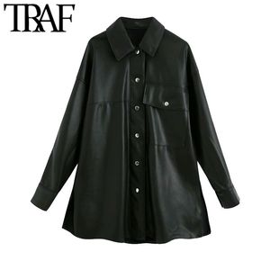 TRAF Women Fashion Fickor Oversized Faux Leather Jacket Coat Vintage Långärmad Side Vents Kvinnliga Ytterkläder Chic Toppar 210415