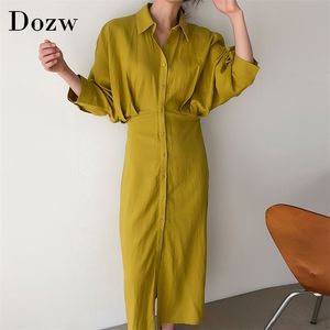 Solid Color Women Fashion Batwing Sleeve Shirt Dress With Belt Office Turn Down Collar Long Chic Ladies es 210515