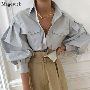 Primavera Outono Vintage Vintage Collar Colar Blusa Camisa Lanterna Sleeve Top Blusas Pockets Streetwear Loose Fêmea 12623 210512
