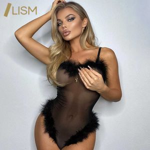 Lism Sexy See-Sere-Serve Convercon Bodysuit Faux Fur Meshアウト女性ワンピースソリッドアウトフィットノースリーブパッチワーク羽ロンパースY0927