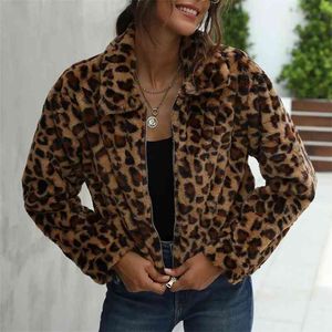 FORIDOL Leopard Print Искусственный меховой плюшевый мишка Короткие пальто Куртка Женщины осень зимние карманы застенчивания молнии пальто ветровка пушистый пальто 210415