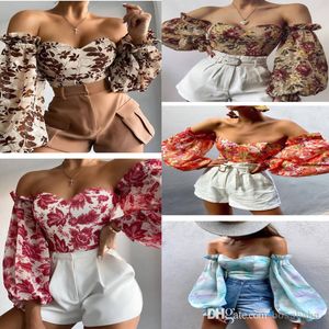 Moda Euro Off Ombro Elegante Tops Camisa Floral para Womens Ruffled Assimétrico Color Sólido Suff Manga Senhoras Blusas Top