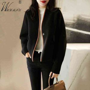 Elegante V-Ausschnitt Kurzer Wollmantel Frauen Koreanische Mode Farbkontrast Single Button Cardigan Herbst OL Stil Büro Dame Jacken 211118