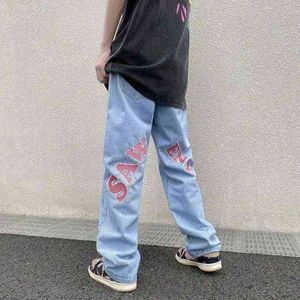 2022 brief Gestickte Jeans männer Streetwear Lose Gerade Seite Zipper Hosen Gothic Retro frauen Paar Hosen Blau 0309