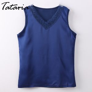 Tataria sommar ärmlös tröja feminina spets v neck kvinna blus fläck sexig topp för womne plus storlek fitness tank tops kvinnliga 210514