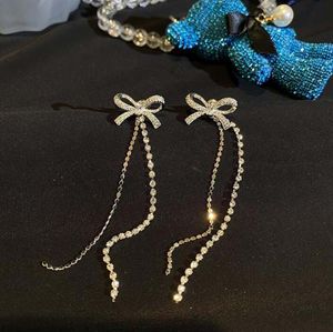 Dangle & Chandelier Bow Knot Two Tassel Sweet Earrings Temperament Ladies Full Shiny Rhinestone Banquet Wedding Extra Long Eardrop