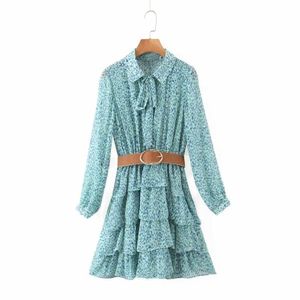 Women leopard print cascading ruffles sashes cake Dress Female long sleeve chiffon Vestidos Casual slim brand Dresses DS3726 210603