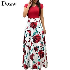 Blomstryck sommar Boho klänning Kvinnor Casual Short Sleeve Patchwork Dress Ladies Elegant Party Klänning Lång Maxi Klänningar Vestidos 210715