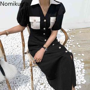 Nomikuma Summer 한국 대비 컬러 드레스 퍼프 슬리브 턴 다운 칼라 여성 드레스 새로운 단일 브레스트 Vestidos 6H505 210427