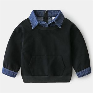 Frühling Herbst Design 2 3 4 5 6 7 8 9 10 12 Jahre Kinder Umlegekragen Denim Patchwork Sweatshirt für Kinder Baby Boy 211029