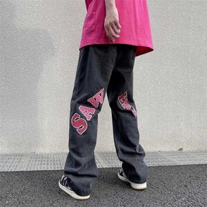 Amerikansk high street brev tryckta jeans män sommar tunn hiphop stekt vibe rakt rör lösa byxor bär 211111