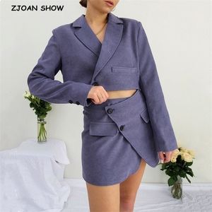 Vintage Sexy One Button Short Women Corduroy Blazer High Waist Irregular Cross Slit Mini Skirt Long Sleeve Suits 2 Pieces Set 220302