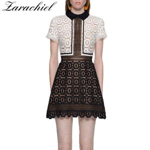 Black White Patchwork Women's Short Sleeve Flower Water Soluble Lace Hollow Out Mini Dress 210416