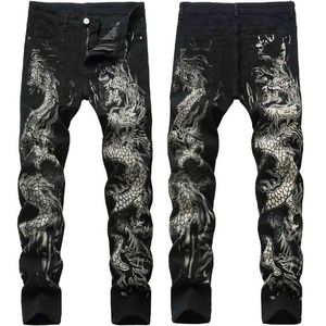 Erkek Çin Trendy Ejderha Siyah Skinny Jeans Streç Rahat Moda Hip-Hop Pantolon Streetwear Baskı Pantolon 210716