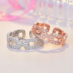 Hollow Diamond Chain Ring Band Finger Rose Gold Open Adjustable Chunky Rings for Women Girls Engagement Wed gift Fashion Jewelry