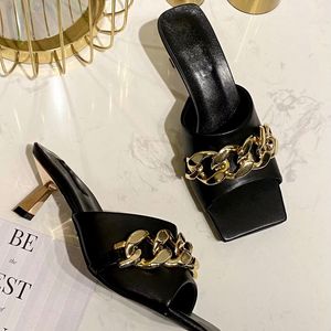Big size 35-42 sandals Newest Luxury Genuine Leather Chain 5.5CM High heeled Gladiator Women Fine heel Top quality Fashion sexy party woman shoes Slippers BOX
