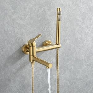 Bathroom Shower Sets Brushed Gold Bathtub Faucet Set Wall Mounted Waterfall Bath System Embedded In Tub Water Tap