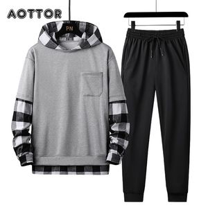 Våren höst mens uppsättning tracksuit män plaid patchwork hoodies + byxor 2 stycken set mode studen sport kostym streetwear 4xl 210722