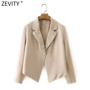 Zevity女性のファッションソリッドカラーノッチカラー不規則な短いブレザーコートビンテージメスワンボタンアウターシックトップスCT712 x0721