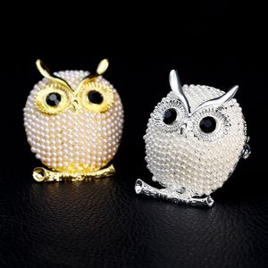 Cute Pearl Owl Brooch Pins Silver Gold Bird Brooches Business Suit Dress Tops Corsage for Women Men Fashion Jewelry Will and Sandy