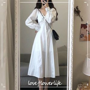 Элегантное белое платье женщины повседневный с длинным рукавом старинные фея MIDI платье драпированное шнурок тонкое платье корейский осень 210521