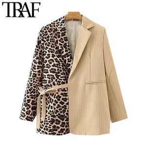Cappotto blazer patchwork con stampa leopardata moda donna Cappotto manica lunga vintage con cintura Capispalla donna Chic Top 210507