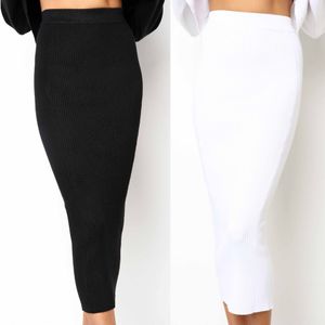 Elegant Knitted Tight Long Skirt Black White Wrap Hip Pencil Skirts Women Autumn Winter Clothes High Waist Office Ladies Bottoms 210507