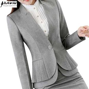 NAVIU Elegant and Fashion Women Blazers Autumn Temperament Long-Sleeve Black Gray Jacket Office Ladies Plus Size Work Wear Coat 210930