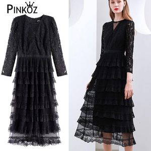 Projektant Moda Runway Midi Dress Damska Z Długim Rękawem Sexy Mesh Patchwork Lace Retro Partyelegant Czarna sukienka 210421