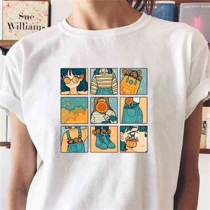 Koreanische Mode Mädchen Sonnenblume Pantone Grafik T-Shirt 100 % Baumwolle Kawaii süße Frauen weiße T-Shirt 70er Jahre Mode Retro-Stil Frauen T-Shirt 210518