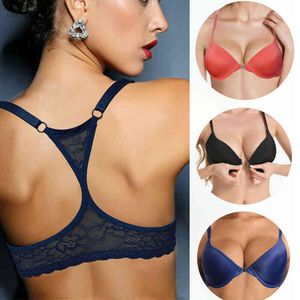 YBCG Y-line Strap Women Bra Dark Blue Front Closure Lace Lingerie Push Up Underwire Brassiere Plunge Bras For Women B C D DD Cup 211217